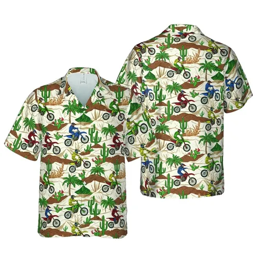 Motocross Desert Hawaiian Pattern | Saguaro & Prickly Pear Cacti, Palm Trees Short-sleeve Hawaiian Shirt