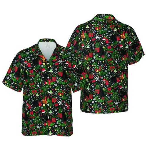 Black Cat Christmas Hawaiian Tile: Santa Hat Gift Box Snowflake Star Design Short-sleeve Hawaiian Shirt