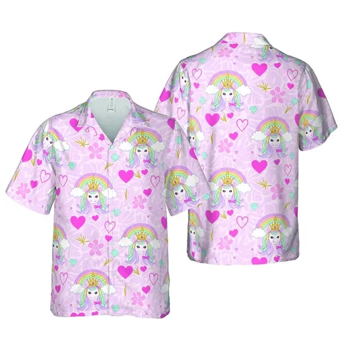 Unicorn Fan Cartoon Heads Rainbow Crown Hearts Diamonds Stars Botanical Edge Textile Design Short-sleeve Hawaiian Shirt
