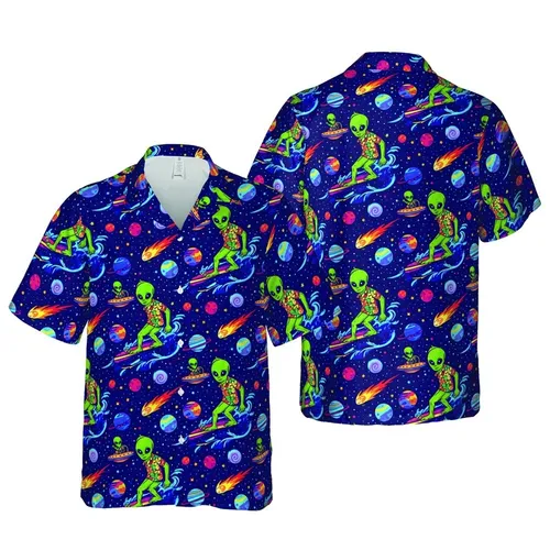 Bigfoot Alien Surfers Hawaiian Seamless Galactic Cosmos Planets Stars UFOs Comets Pattern Short-sleeve Hawaiian Shirt