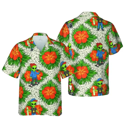 Green Alien Musicians & Skaters Hawaiian Pattern: Hibiscus, Palm Fronds, Musical Notes Short-sleeve Hawaiian Shirt