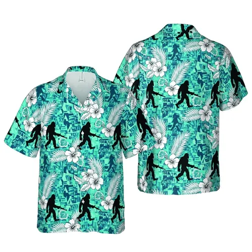 Bigfoot Hunter Hawaiian Rifle Seamless White Hibiscus Palm Teal Mosaic Pattern Design Short-sleeve Hawaiian Shirt