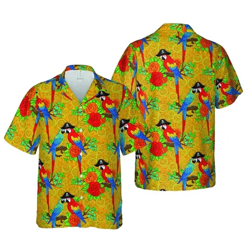 Pirate Macaw Tropical Fabric Design: Parrot Skull Hat, Gold Coin, Hawaiian Botanical Short-sleeve Hawaiian Shirt