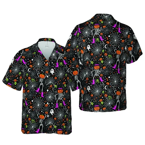 Seamless Halloween Skeleton Hawaiian Pattern: Spider Web, Pumpkin Fabric Print Short-sleeve Hawaiian Shirt