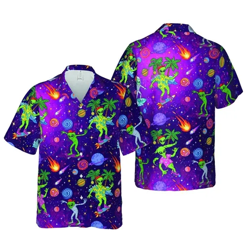 Green Alien Extreme Sports Skateboard Surf Hoverboard Cosmic Hawaiian Pattern Short-sleeve Hawaiian Shirt
