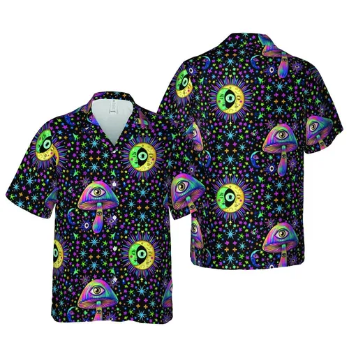 Hawaiian Psychedelic Mushroom Eye Iridescent Caps Star Moon Botanical Neon Mosaic Black Short-sleeve Hawaiian Shirt