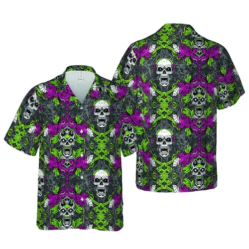 Zombie Skull Hawaiian Pattern: Screaming Faces, Exposed Teeth, Black Neon Green Pink Short-sleeve Hawaiian Shirt
