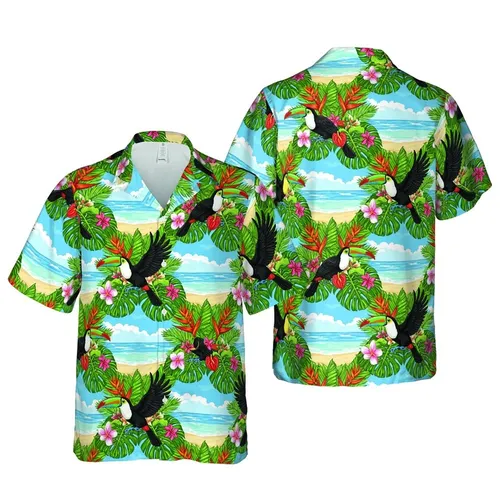 Black Yellow Toucans, Green Palm Fronds, Red Heliconia, Plumeria, Ocean Beach View Short-sleeve Hawaiian Shirt