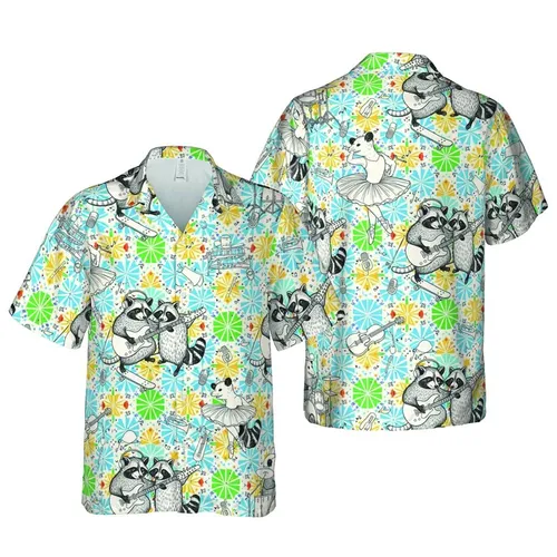 Opossum Raccoon Rock & Roll Dance Off-white Black Linework Sketch Hawaiian Fabric Short-sleeve Hawaiian Shirt