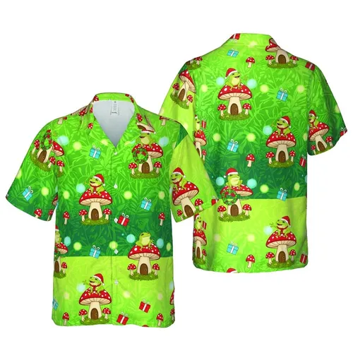Christmas Frogs Red Santa Hat Toadstool Mushroom Green Forest Gifts Orbs Scene Item Short-sleeve Hawaiian Shirt