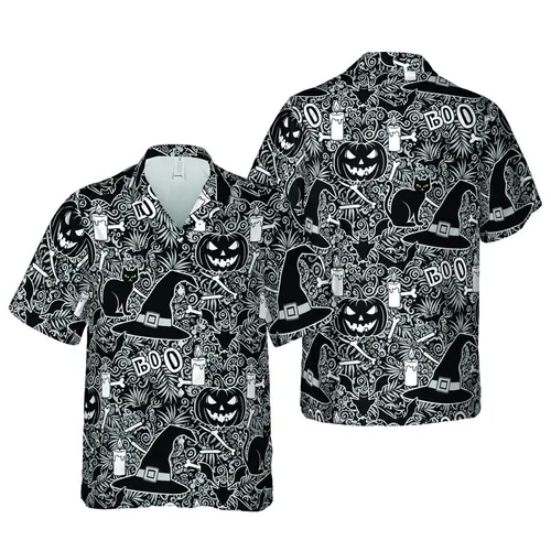 Halloween Tropical Grinning Jack-o'-lantern Black Cat Witches Hat Pattern Short-sleeve Hawaiian Shirt