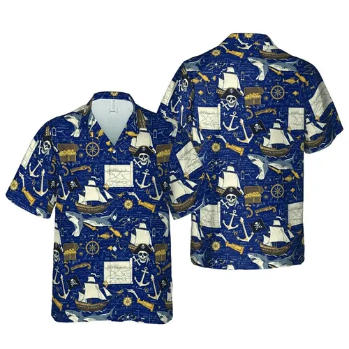 Pirate Ocean Voyage Hawaiian: Skull Ship Shark Compass Treasure Map Pattern Navy Cream Short-sleeve Hawaiian Shirt