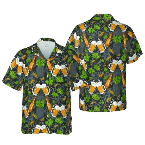Brewers Golden Hops Barley Emerald Leaves Beer Glass Bottle Barrel Fabric Print Short-sleeve Hawaiian Shirt
