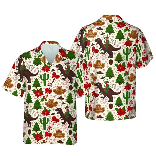 Cowboy T-Rex Dinosaur Christmas Hawaiian Cacti Gingerbread Cookie Holly Pattern Short-sleeve Hawaiian Shirt