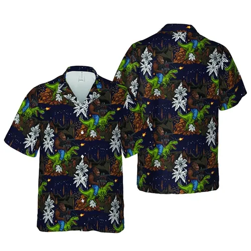 Tactical Gorilla T-Rex Hawaiian: Armed Ape Rides Dinosaur Through Starry Mountainscape Short-sleeve Hawaiian Shirt