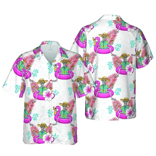 Cartoon Skeletons Pink Flamingo Floats Hawaiian Shirt Hibiscus Fern Botanical Graphic Short-sleeve Hawaiian Shirt