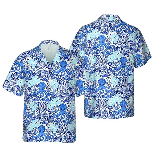 Blue Octopus Hawaiian Hibiscus Large Eyes Curled Tentacles Cream Swirling Vines Pattern Short-sleeve Hawaiian Shirt
