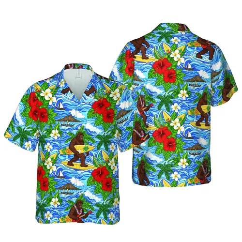Sasquatch Surfing Island Expedition: Bigfoot Tropical Flowers Ocean Wave Design Short-sleeve Hawaiian Shirt