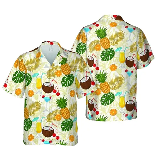 Creamy White Hawaiian Pineapple Coconut Drinks Orange Cherry Palm Leaf Sublimation Tile Short-sleeve Hawaiian Shirt