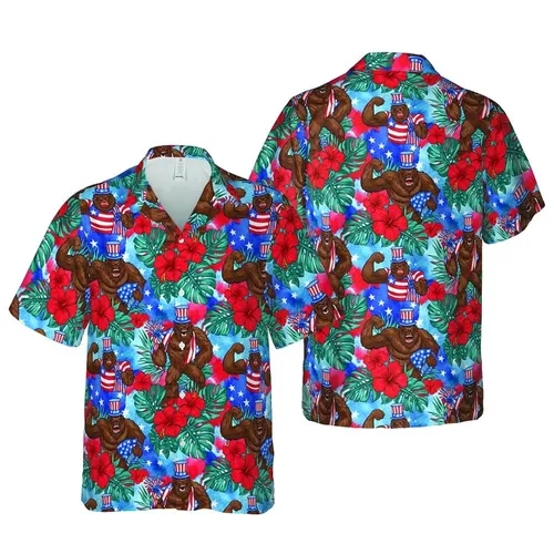 Patriotic Bigfoot Hawaiian: Uncle Sam Hat, Flag, Red Hibiscus, Tropical Leaves Short-sleeve Hawaiian Shirt