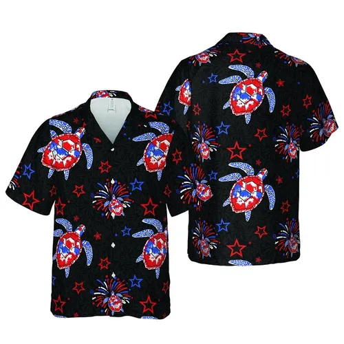 Large Sea Turtles Mosaic Red White Blue Shells Stars Fireworks Dense Black Botanical Fabric Print Short-sleeve Hawaiian Shirt