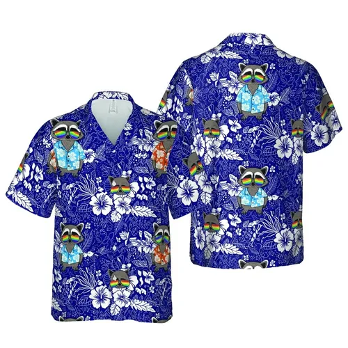 Raccoon Tropical Rainbow Sunglasses Hawaiian Shirt Hibiscus Navy Botanical Print Short-sleeve Hawaiian Shirt