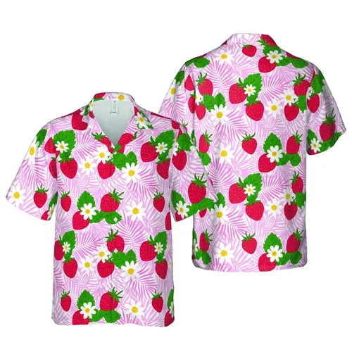 Hawaiian Ripe Red Strawberry White Daisy Pink Palm Botanical Textile Print Short-sleeve Hawaiian Shirt
