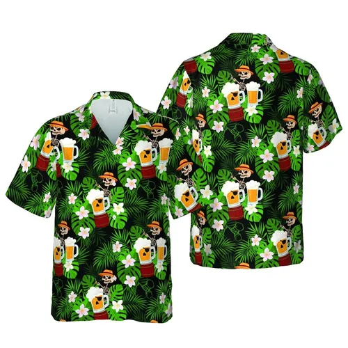 Skull Beer Mugs Skeletons Drummer Monstera Palm Leaf Plumeria Full Coverage Design Short-sleeve Hawaiian Shirt