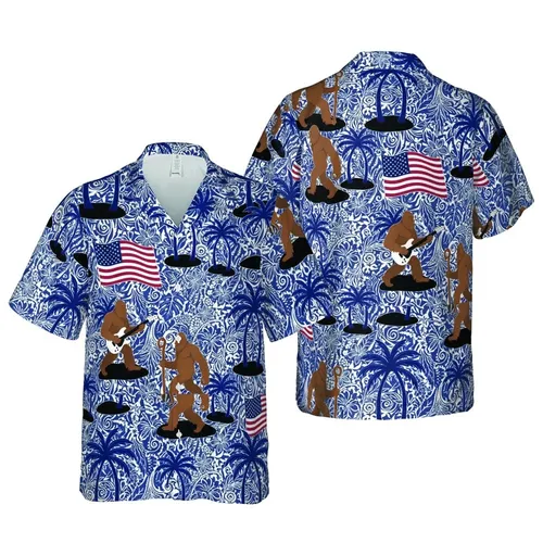 Bigfoot Enthusiast: Guitar Staff American Flag Dark Blue Palm Tree Island White Field Pattern Short-sleeve Hawaiian Shirt