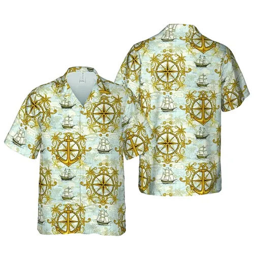 Intricate Golden Anchor Compass Rose Multi-Masted Ship Palm Tree Island Map Short-sleeve Hawaiian Shirt