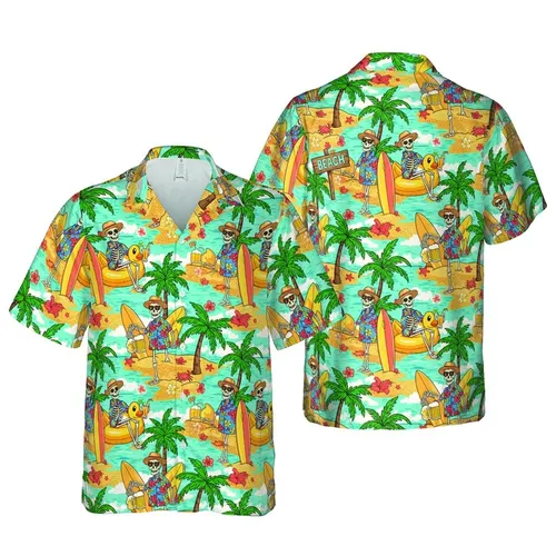 Skeletons Hawaiian Shirt Beach Surfer Duck Float Scene | Golden Sand Turquoise Ocean Palms Short-sleeve Hawaiian Shirt