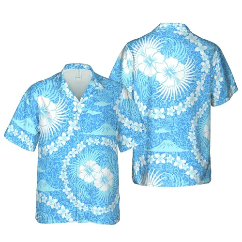 Hawaiian White Hibiscus Palm Frond Plumeria Blue Ocean Current Island Outline Sand Short-sleeve Hawaiian Shirt