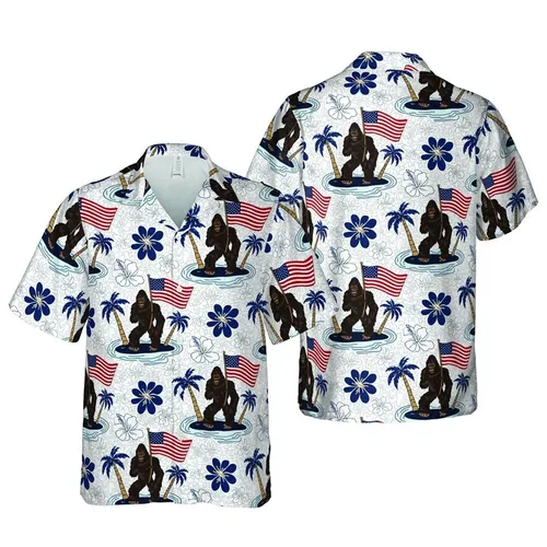 Bigfoot Patriot Hawaiian Island Muscular American Flag Palm Tree Seamless Fabric Design Short-sleeve Hawaiian Shirt