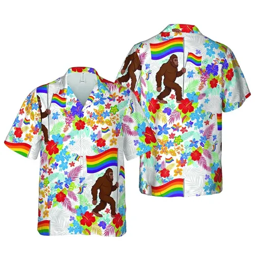 Mythical Bigfoot Rainbow Flag Tropical Hibiscus Palm Foliage White High Contrast Scene Short-sleeve Hawaiian Shirt