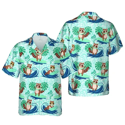 Raccoon Surfing Hawaiian Lei Leaves Sunglasses White Mosaic Textile Design Short-sleeve Hawaiian Shirt