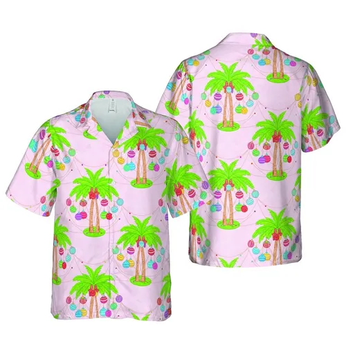 Cartoon Palm Tree Christmas Ornaments Hawaiian Tropical Leaf Pattern Pastel Pink Fabric Texture Short-sleeve Hawaiian Shirt