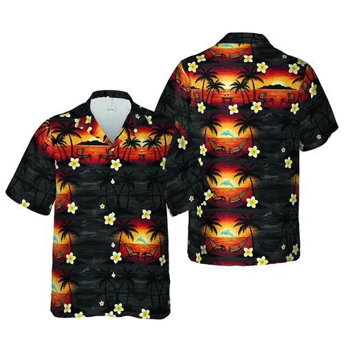 Tropical Hawaiian Sunset Scene: Palm Trees, Dolphins, Plumeria Textile Print Short-sleeve Hawaiian Shirt