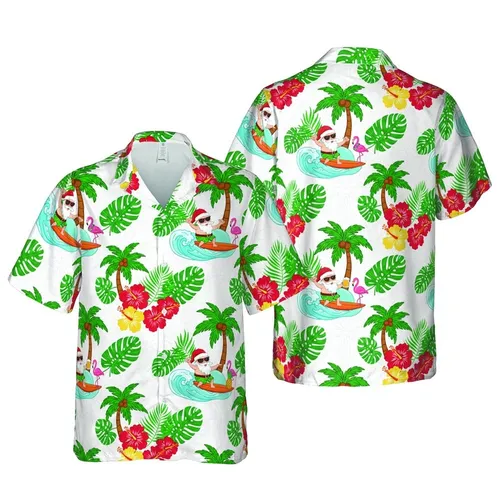 Christmas Surfing Santa Pattern: Hawaiian Hibiscus, Flamingo, Palm Tree, Tropical Leaves Short-sleeve Hawaiian Shirt