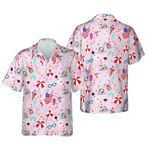 Beach Day Hawaiian Print: American Flag Ice Cream, Swimsuits, Golden Crowns, Pink Hearts Short-sleeve Hawaiian Shirt