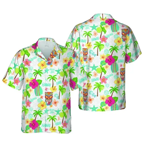 Hawaiian Tiki Mask Surfboard Palm Tree Hibiscus Plumeria Starfish Aloha Hawaii Pattern Short-sleeve Hawaiian Shirt