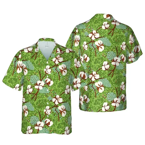 Hawaiian Botanical: White Cotton Bolls, Light Grey Pinecones, Muted Olive Green Mosaic Short-sleeve Hawaiian Shirt