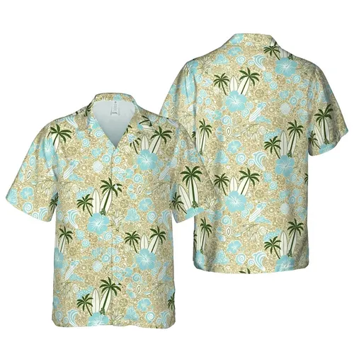 Hawaiian Palm Tree Surfboard Hibiscus Design: Sea Oat Sand Dollar Ocean Pattern Short-sleeve Hawaiian Shirt