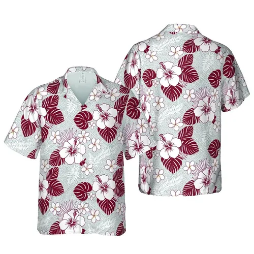White Hibiscus Cranberry Palm Plumeria Anthurium Botanical Heathered Grey Pattern Short-sleeve Hawaiian Shirt