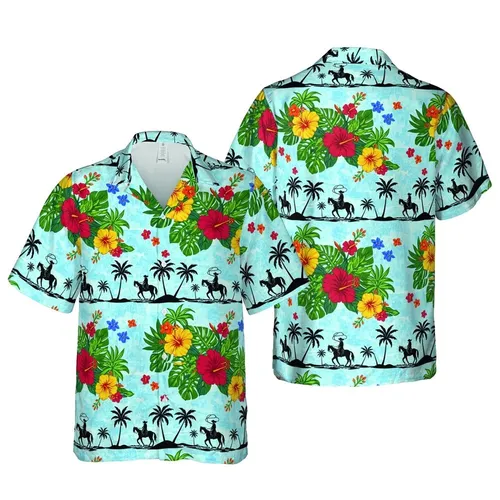 Hawaiian Paniolo Floral Pattern: Hibiscus, Roping Cowboys, Tropical Leaves, Blue Sky Short-sleeve Hawaiian Shirt