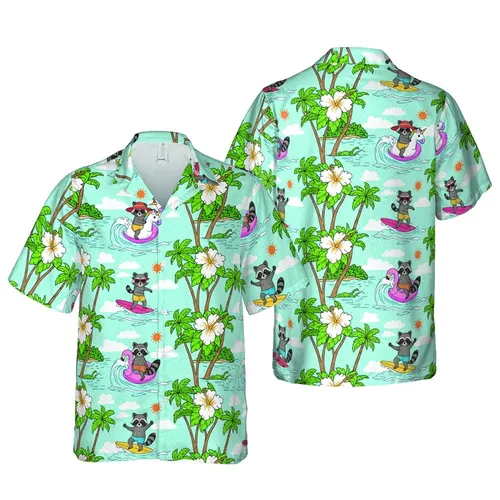 Raccoon Character Surfing Flamingo Unicorn Palm Hibiscus Ocean Aqua Fabric Art Short-sleeve Hawaiian Shirt