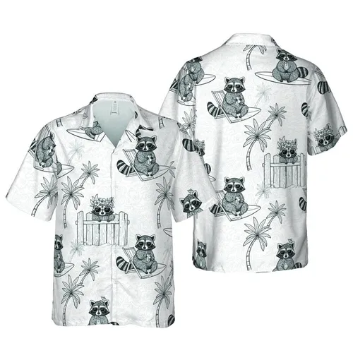 Black White Line Art Raccoons Surf Beach Chair Lei Crown Island Motif Short-sleeve Hawaiian Shirt
