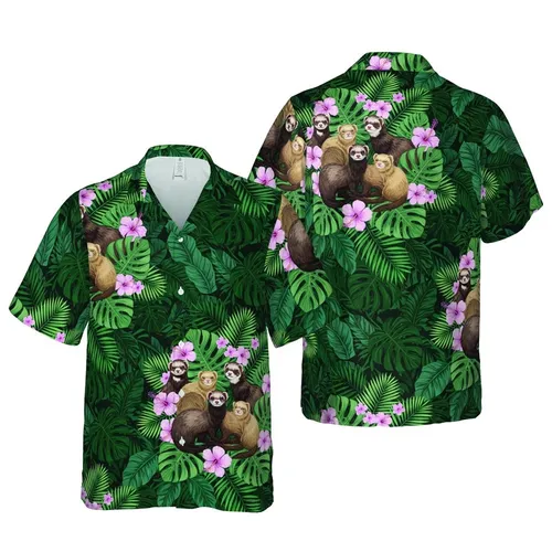 Sable Ferret Tropical Jungle Pattern: Hibiscus Flowers, Monstera Palm Textile Short-sleeve Hawaiian Shirt