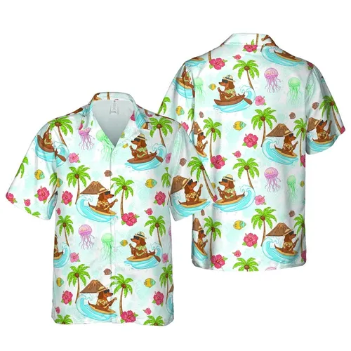 Dachshund Surf Ukulele Canoe Tropical Island Palm Hibiscus Botanical Watercolor Design Short-sleeve Hawaiian Shirt