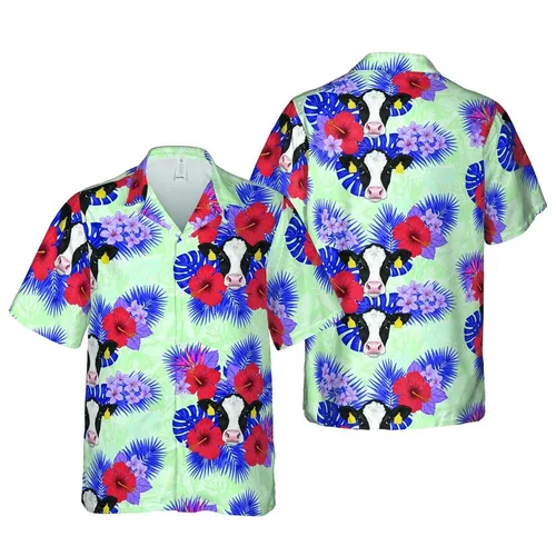 Hereford Calf Hawaiian Pattern: Tropical Palm, Red Hibiscus, Purple Plumeria, Mint Botanical Short-sleeve Hawaiian Shirt