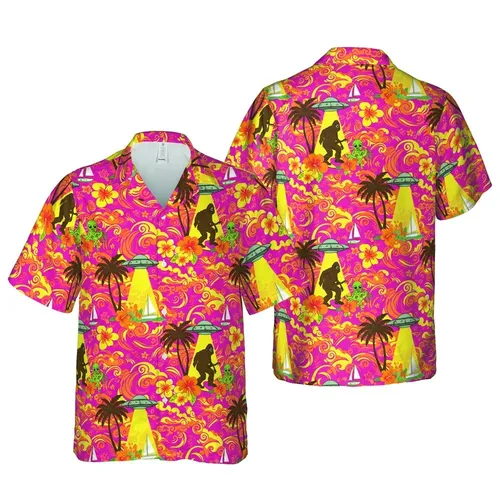 Bigfoot Alien Abduction UFO Hawaiian Palm Tree Flower Ocean Sunset Pattern Short-sleeve Hawaiian Shirt